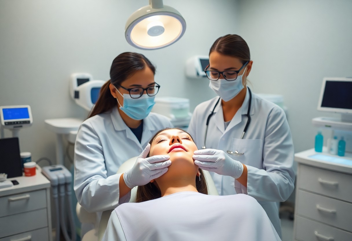 Two female doctors in white coats and masks examine a patient’s face in a medical clinic. The patient lies on a reclining chair under a bright examination light. Medical equipment and bottles are visible in the background.